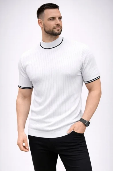 Erkek Fitilli Triko Dokuma Kısa Kol Tişört Yarım Boğaz Modern Yazlık T-Shirt - Beyaz ürün görseli 1