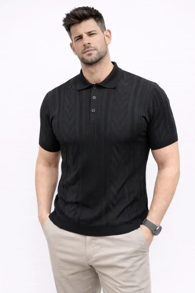 Erkek Yazlık Triko Tişört Kısa Kol Polo Yaka Düğmeli T-Shirt - Siyah ürün görseli 1