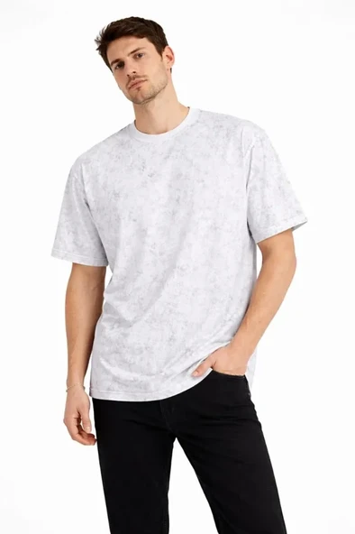 Erkek Asit Yıkama Bisiklet Yaka Kısa Kollu Oversize T-Shirt Tişört - Beyaz ürün görseli 1