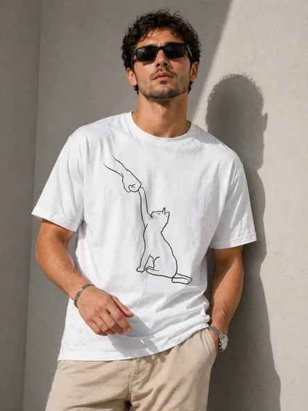 Erkek Minimal Kedi Çizim Baskılı Tişört Kısa Kol Yazlık T-Shirt - Beyaz ürün görseli 1
