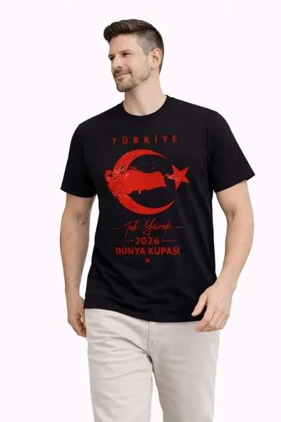 Erkek TÜRKİYE Ay Yıldız Baskılı Taraftar Forma T-Shirt - Siyah ürün görseli 1