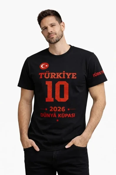Erkek TÜRKİYE Baskılı Tişört 2026 Dünya Kupası Taraftar Forma T-Shirt - Siyah ürün görseli 1