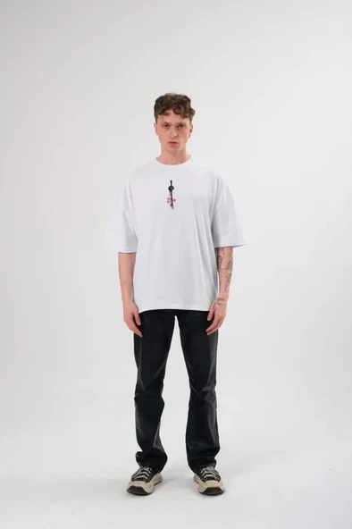 Unisex Bisiklet Yaka Baskılı Oversize T-Shirt - Beyaz ürün görseli 1