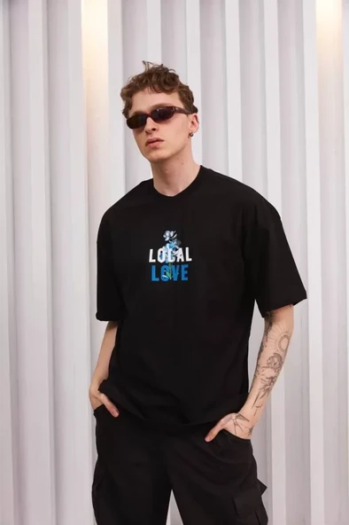 Unisex Bisiklet Yaka Baskılı Oversize T-Shirt - Siyah ürün görseli 1