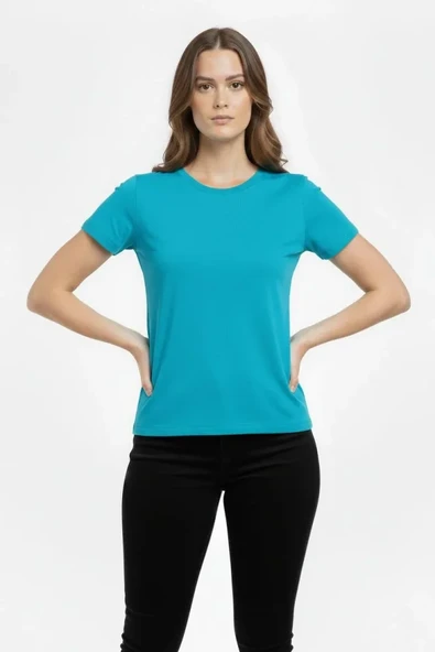 T-Shirt Bisiklet Yaka Slim Fit Likralı Tişört Günlük Basic Body - Turkuvaz ürün görseli 1