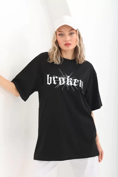 Unisex Baskılı Oversize T-Shirt - Siyah ürün görseli 1