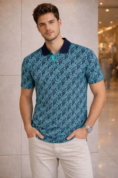 Erkek Pike Kumaş Polo Yaka Palmiye Desenli Tişört Kısa Kol Yazlık T-Shirt - Turkuaz ürün görseli 1
