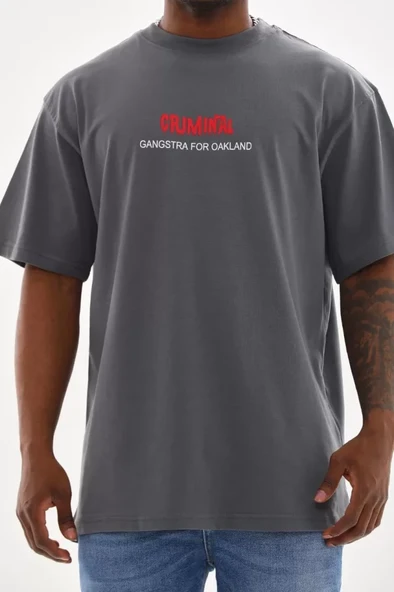 Unisex Baskılı Oversize T-Shirt - Füme ürün görseli 1