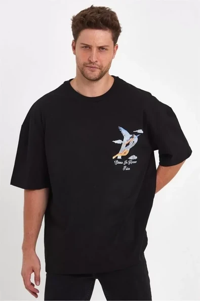 Erkek Melek Baskılı Oversize T-shirt - Siyah ürün görseli 1
