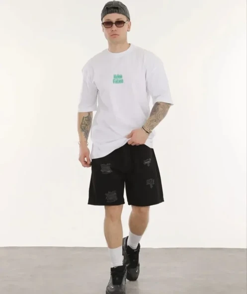 Unisex Bisiklet Yaka Baskılı Oversize T-Shirt - Beyaz ürün görseli 1