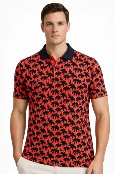 Erkek Pike Kumaş Polo Yaka Palmiye Desenli Tişört Kısa Kol Yazlık T-Shirt - Kırmızı ürün görseli 1
