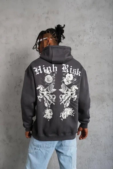 Erkek Baskılı Kapşonlu Sweat - Füme - Resim 2