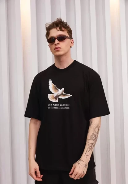 Unisex Bisiklet Yaka Baskılı Oversize T-Shirt - Siyah ürün görseli 1