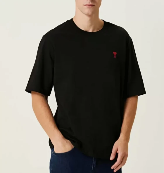 Unisex Bisiklet Yaka Baskılı Oversize T-Shirt - Siyah ürün görseli 1
