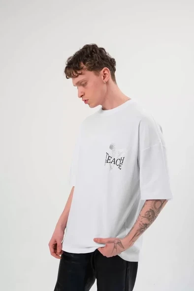 Unisex Bisiklet Yaka Baskılı Oversize T-Shirt - Beyaz ürün görseli 1