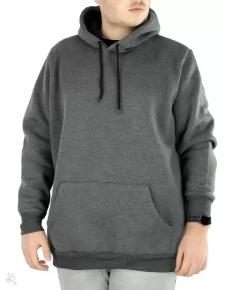 Erkek Uzun Kol Kapşonlu Basic Sweatshirt Hoodie - Füme ürün görseli 1
