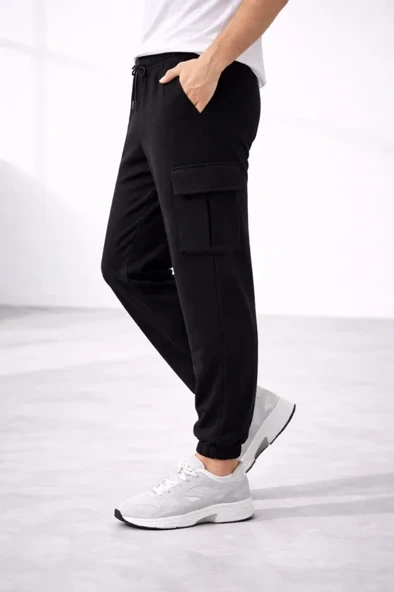 Erkek Jogger Eşofman Altı Regular Fit , Kargo Cepli, Lastikli Paça, Günlük Spor Pantolon - Siyah ürün görseli 1