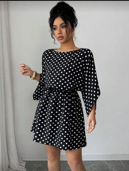 Kadın Puantiyeli örme Krep Mini Elbise (kemersiz) ürün görseli 1