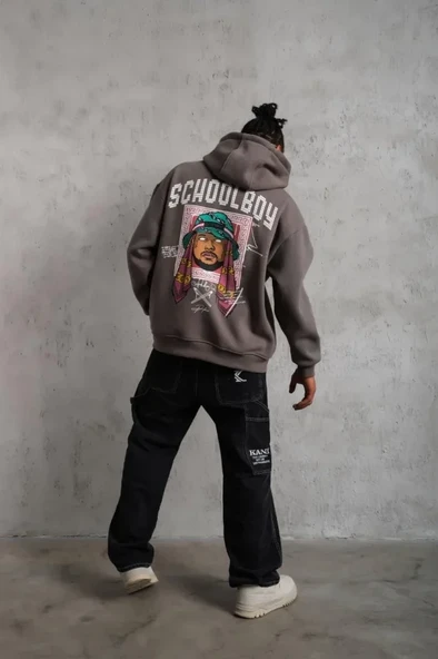 Erkek SCHOOL BOY Baskılı Kapüşonlu Sweat - Gri - Resim 3