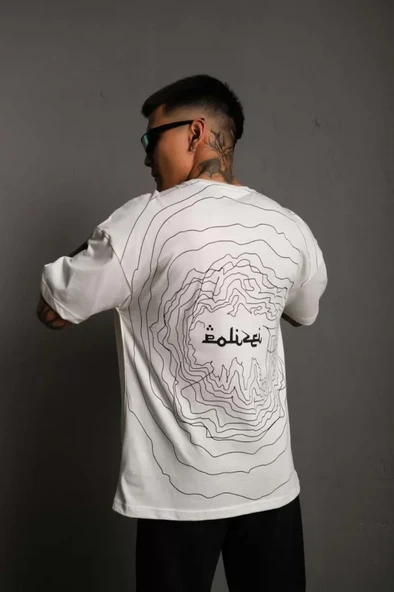 Erkek Bisiklet Yakalı Sırt Baskılı Oversize T-Shirt - Beyaz ürün görseli 1