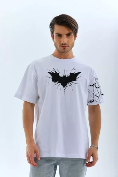 Unisex Ön Ve Kol Baskılı Oversize T-shirt - Beyaz ürün görseli 1