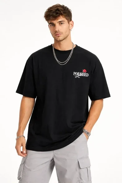 Erkek Bisiklet Yaka Baskılı  Kısa Kollu Tişört Streetwear Günlük Basic Pamuklu T-shirt - Siyah ürün görseli 1