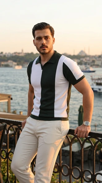 Erkek Kısa Kollu Polo Yakalı Blok Desenli Triko Bluz ürün görseli 1