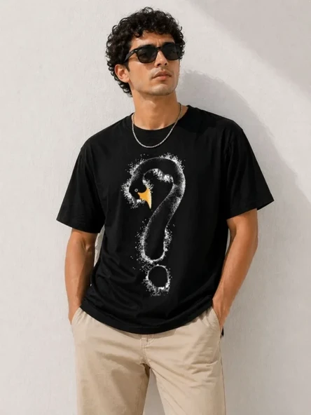 Erkek Kuğu Figürlü Soru İşareti Baskılı Tişört Kısa Kol T-Shirt - Siyah ürün görseli 1