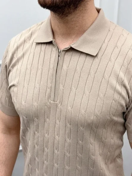 Erkek Yazlık Triko Saç Örgü Tişört Kısa Kol Polo Yaka Fermuarlı T-Shirt - Bej ürün görseli 1