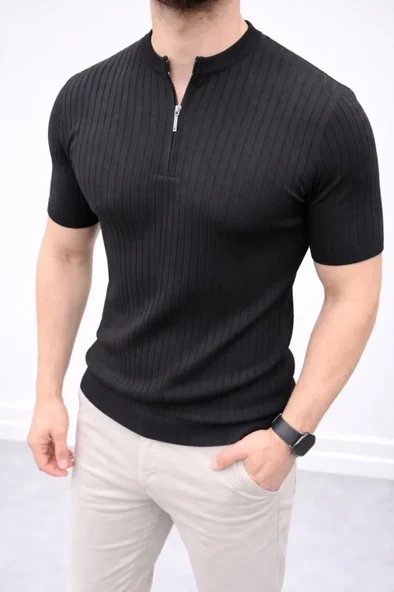 Erkek Kısa Kol Fitilli Triko T-Shirt Yazlık Hakim Yaka Tişört - Siyah ürün görseli 1