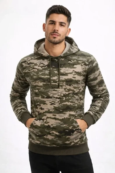 Erkek Kamuflaj Desenli 2 İplik 4 Mevsim Kapüşonlu Kanguru Cepli Hoodie Sweatshirt - Kamuflaj ürün görseli 1