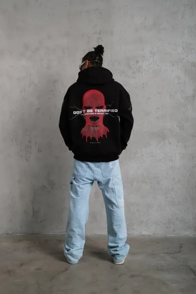 Erkek Maske Baskılı Kapüşonlu Sweat - Siyah - Resim 4