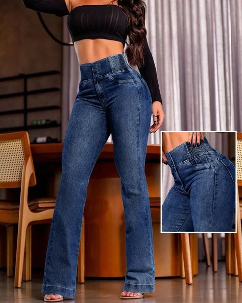 Kadın Yüksek Bel Yanları Lastik önü Düğmeli Kot Pantolon ürün görseli 1