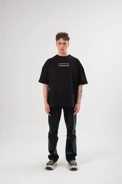 Unisex Bisiklet Yaka Baskılı Oversize T-Shirt - Siyah ürün görseli 1