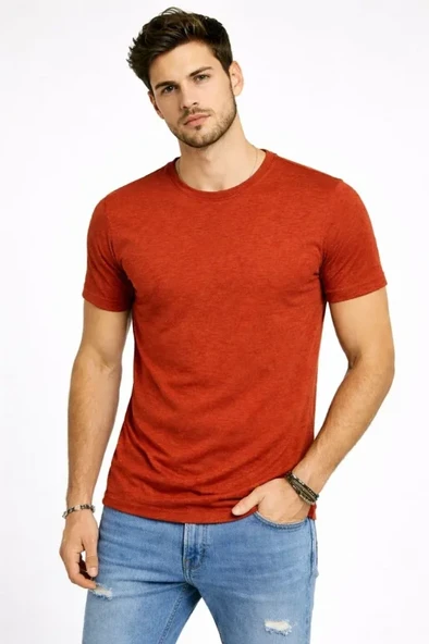 Erkek Flam Kumaş Melanj Dokulu Regular Fit Tişört Bisiklet Yaka Yazlık T-Shirt - Kiremit ürün görseli 1
