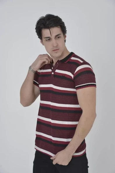Erkek Yakalı Slim Fit Dokuma Çizgili T-Shirt - Bordo ürün görseli 1