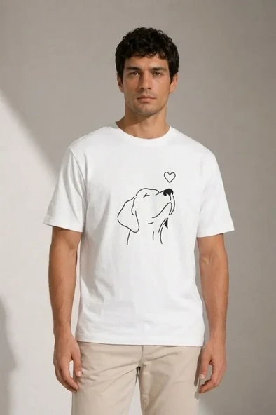 Erkek Köpek Figürlü Minimal Baskılı Tişört Kısa Kol Yazlık T-Shirt - Beyaz ürün görseli 1