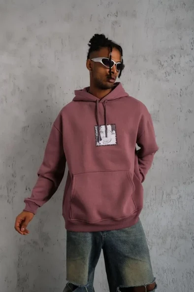 Erkek Ön Arka Baskılı Kapşonlu Sweat - Gül Kurusu - Resim 3