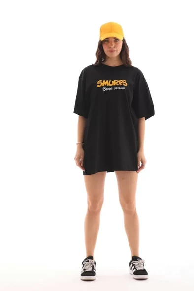 Unisex Bisiklet Yaka Baskılı Oversize T-Shirt - Siyah ürün görseli 1