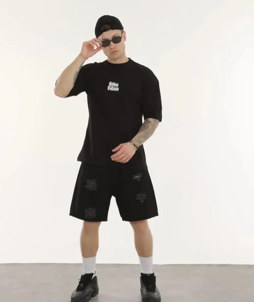 Unisex Bisiklet Yaka Baskılı Oversize T-Shirt - Siyah ürün görseli 1