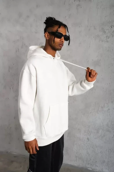 Erkek Düz Kapüşonlu Sweat - Beyaz - Resim 2