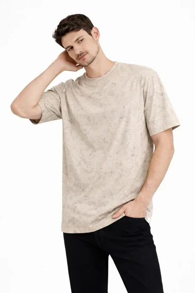 Erkek Asit Yıkama Bisiklet Yaka Kısa Kollu Oversize T-Shirt Tişört - Bej ürün görseli 1