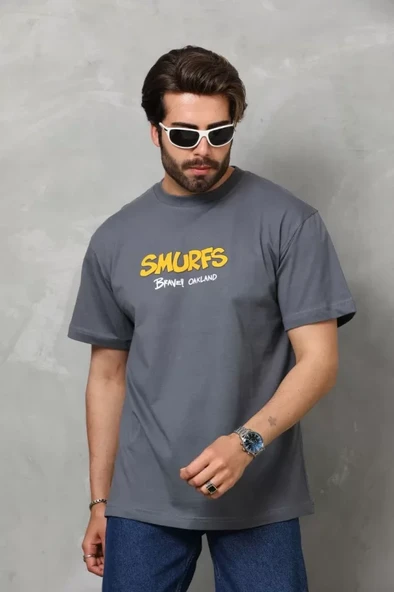 Unisex Basic Bisiklet Yaka Oversize T-Shirt - Füme ürün görseli 1
