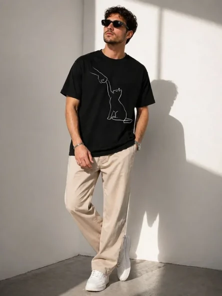 Erkek Minimal Kedi Çizim Baskılı Tişört Kısa Kol Yazlık T-Shirt - Siyah ürün görseli 1
