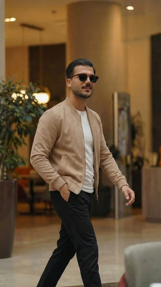 Erkek Scuba Süet Kumaş Bomber Hırka - Resim 3