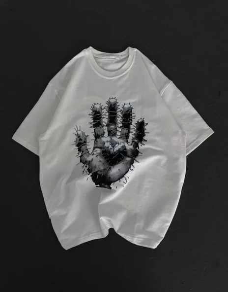 Unisex Bisiklet Yaka Baskılı Oversize T-Shirt - Beyaz ürün görseli 1