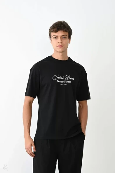 Unisex Bisiklet Yaka Baskılı Oversize T-Shirt - Siyah ürün görseli 1