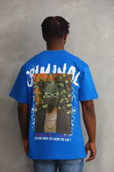 Unisex Baskılı Oversize T-Shirt - Mavi - Resim 2