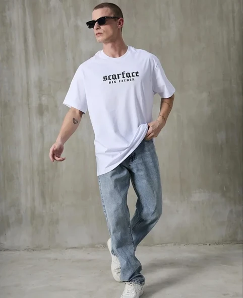 Unisex Bisiklet Yaka Baskılı Oversize T-Shirt - Beyaz ürün görseli 1