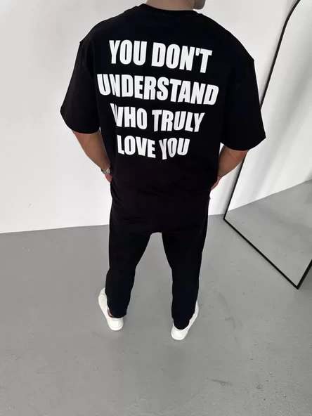 Unisex Bisiklet Yaka Baskılı Oversize T-Shirt - Siyah - Resim 3